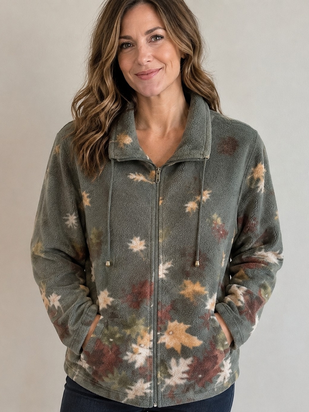 Cozy Olive Green Floral Zip-Up Fleece Jcket